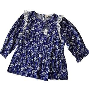 Universal Thread Top Blouse Women's XXL Blue Floral Print Puff Sleeve Ruffle NWT